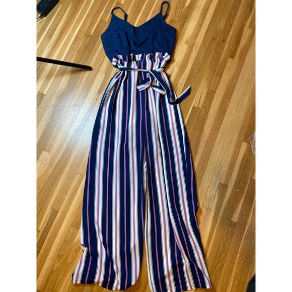 Alya Pants - Alya Striped Jumpsuit Size Small - Navy, Cream and Pink